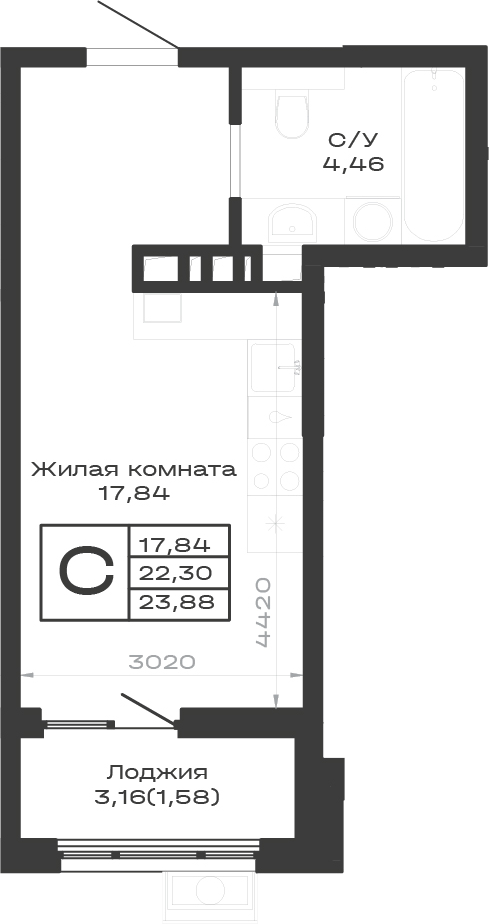 Студия, 22.3 м², 8/9 этаж, ЖК «Суворов. ГК Во-первых»