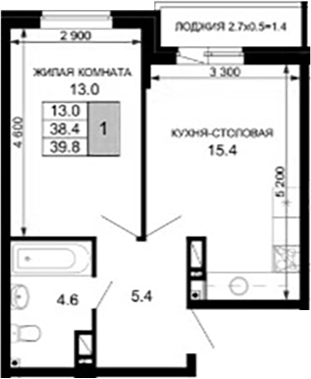 1-комн., 38.4 м², 5/16 этаж, ЖК «Дыхание»