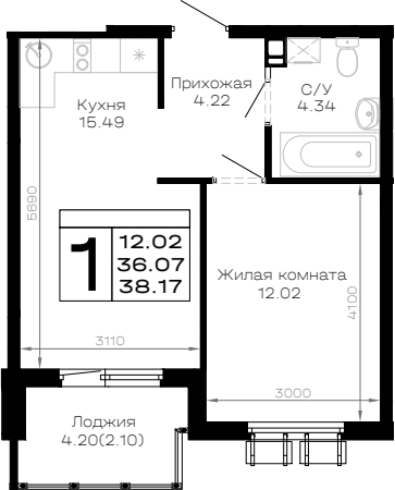 1-комн., 36.07 м², 3/4 этаж, ЖК «Усадьба Гостагаевская»