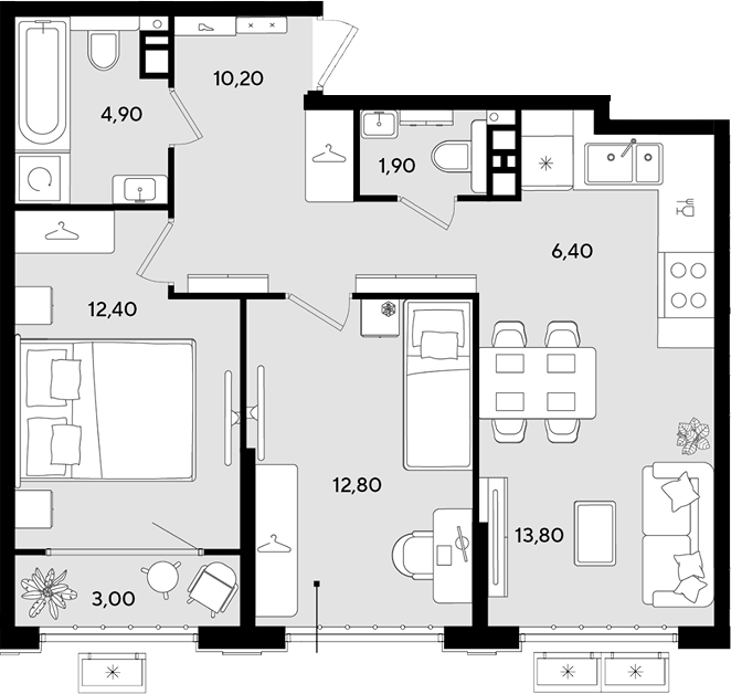 3-комн., 62.4 м², 8/9 этаж, ЖК «Порто-Ново»
