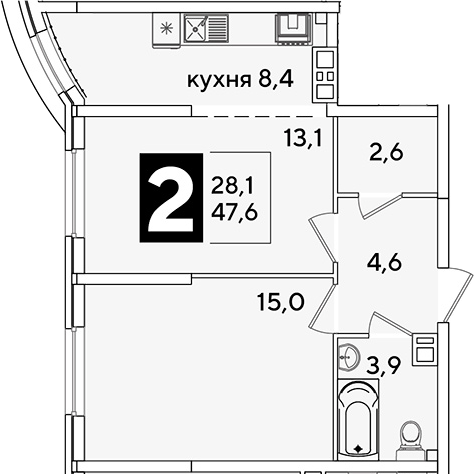2-комн., 47.6 м², 4/16 этаж, ЖК «Самолет»