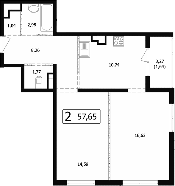 Продается 2-комн. квартира, 54.66 м²