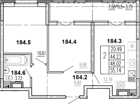 2-комн., 44.23 м², 8/8 этаж, ЖК «Центральный двор»