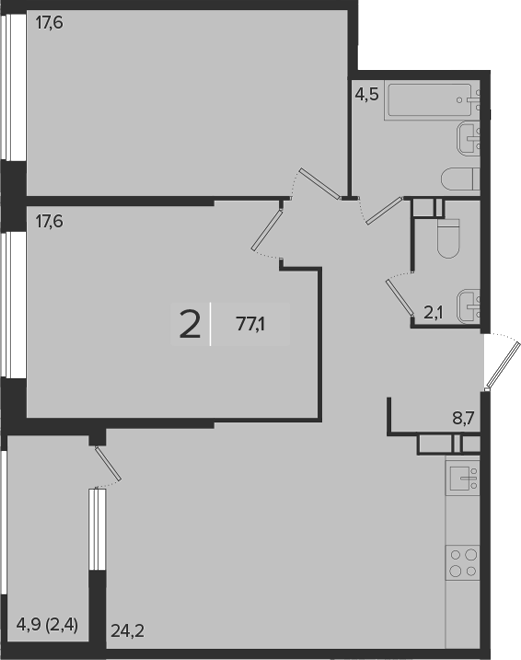 2-комн., 74.7 м², 13/18 этаж, ЖК «Эрмитаж»