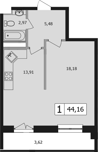 1-комн., 40.54 м², 15/16 этаж, ЖК «Жемчужина»