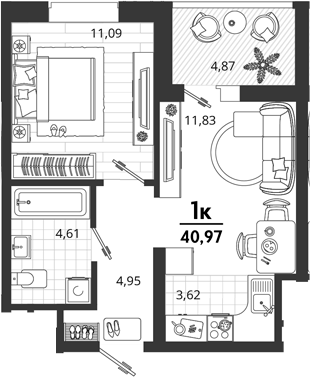 1-комн., 36.1 м², 14/18 этаж, ЖК «Родные Просторы»