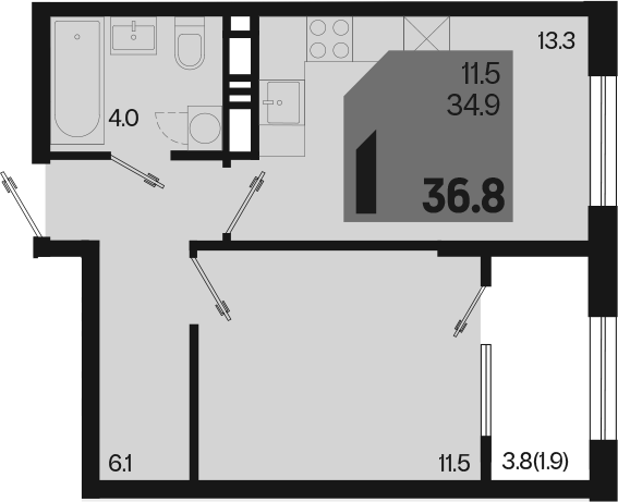 1-комн., 34.9 м², 14/18 этаж, ЖК «Первое место»
