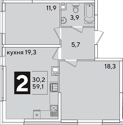 3-комн., 59.1 м², 4/16 этаж, ЖК «Самолет»