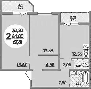 2-комн., 64.8 м², 10/16 этаж, ЖК «Восточный. Квартал №6»