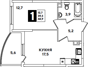 1-комн., 39.3 м², 6/16 этаж, ЖК «Самолет»