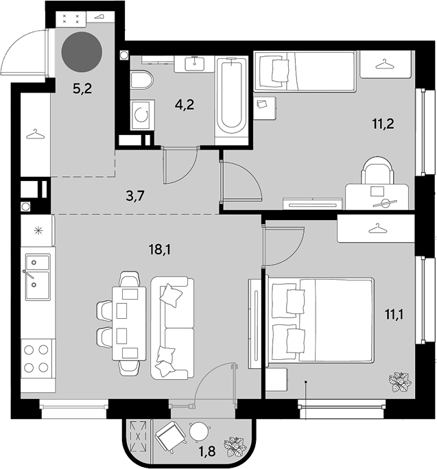 3-комн., 53.5 м², 4/9 этаж, ЖК «Грейд»
