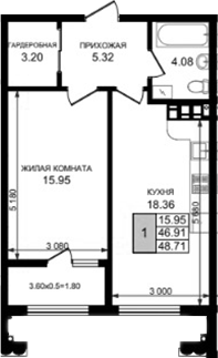 1-комн., 46.91 м², 2/8 этаж, ЖК «Резиденция морей»