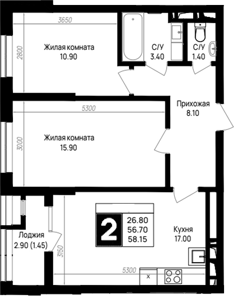 2-комн., 56.7 м², 7/9 этаж, ЖК «На высоком берегу»