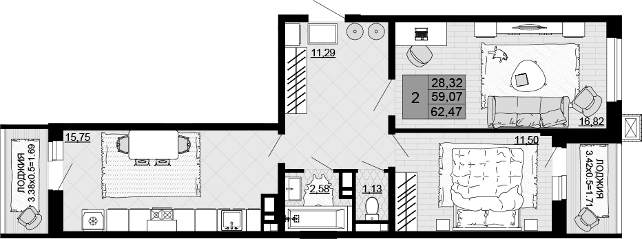 2-комн., 59.07 м², 2/12 этаж, ЖК «Дружба»