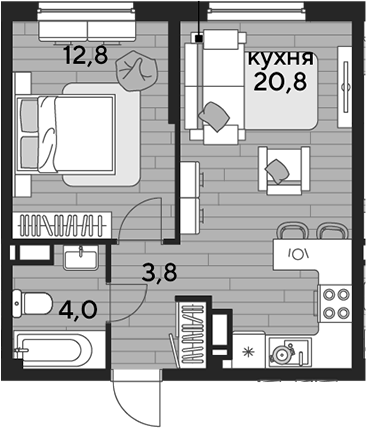 1-комн., 41.4 м², 14/16 этаж, ЖК «DОГМА ПАРК»