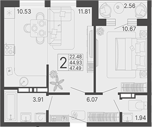 2-комн., 43.65 м², 8/17 этаж, ЖК «Светский лес»