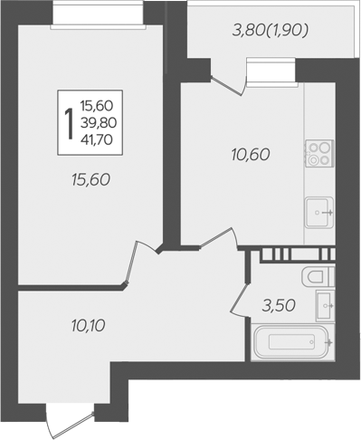 1-комн., 39.8 м², 6/6 этаж, ЖК «Ярославский»