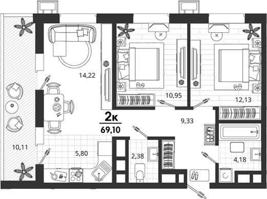 2-комн., 58.99 м², 11/18 этаж, ЖК «Родные Просторы»