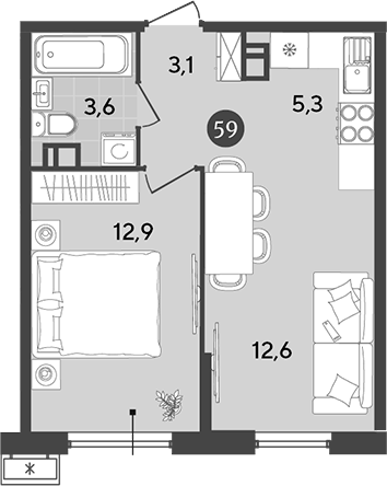 2-комн., 37.5 м², 6/18 этаж, ЖК «Порто-Ново»