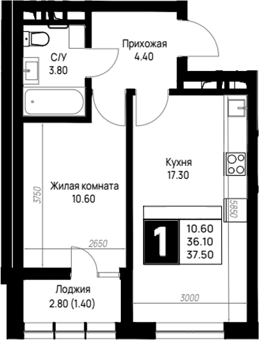 1-комн., 36.1 м², 7/9 этаж, ЖК «На высоком берегу»