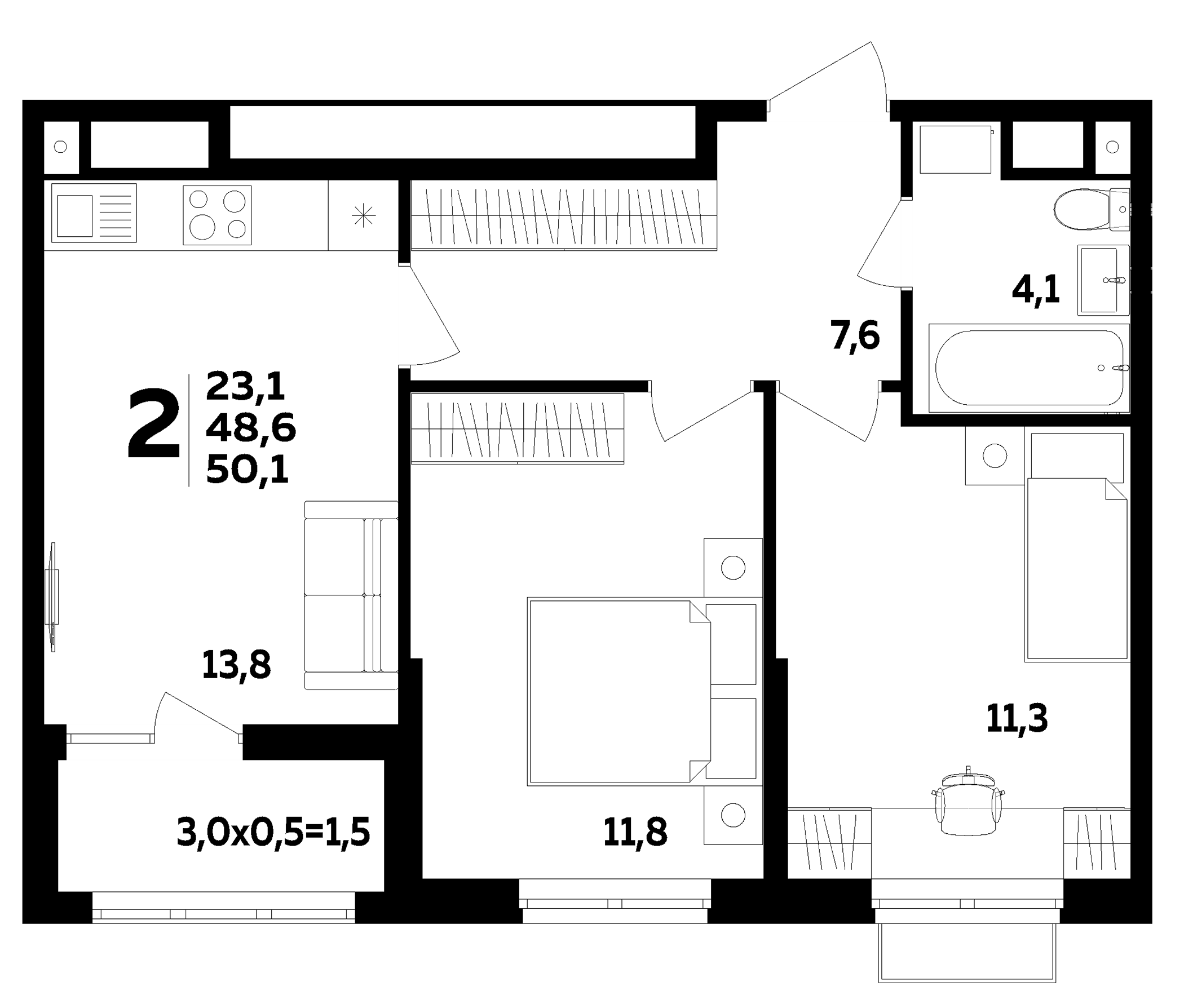 2-комн., 48.6 м², 4/16 этаж, ЖК «МегаСити»