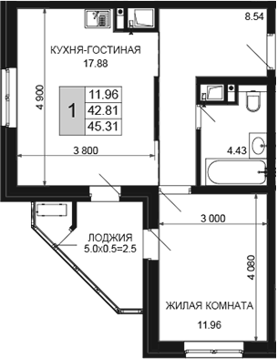 2-комн., 42.81 м², 11/16 этаж, ЖК «Сегодня»