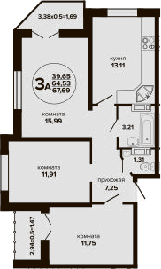 3-комн., 64.53 м², 22/24 этаж, ЖК «Гулливер»