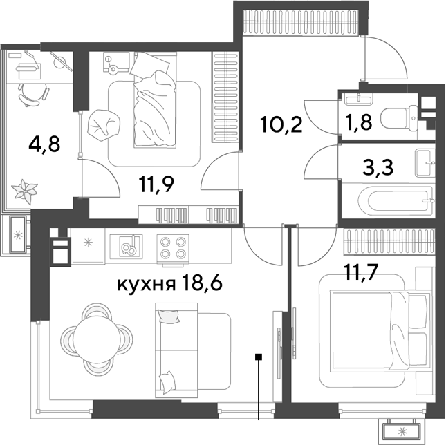 3-комн., 57.5 м², 7/9 этаж, ЖК «Парк Победы»
