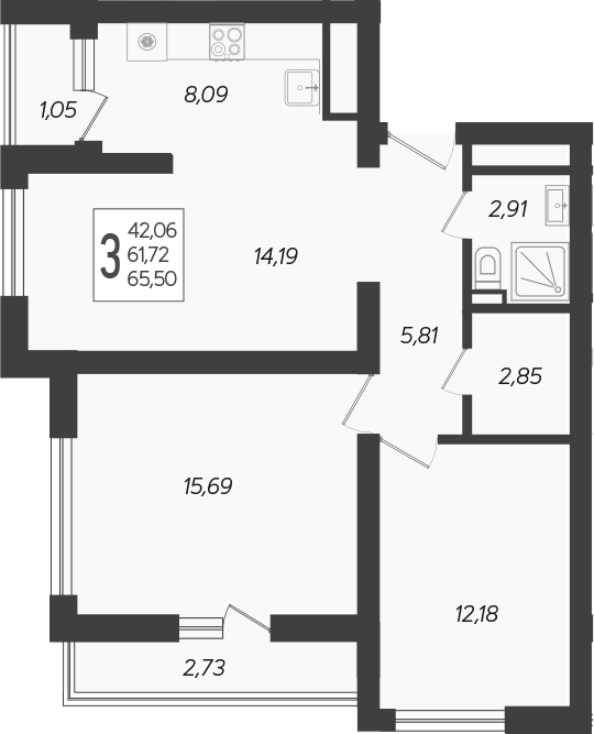 3-комн., 61.72 м², 16/19 этаж, ЖК «Кислород»