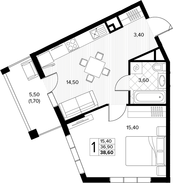 1-комн., 36.9 м², 5/8 этаж, ЖК «Кипарис»