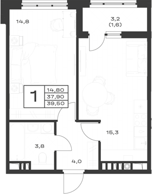 1-комн., 37.9 м², 3/4 этаж, ЖК «ЭкоСфера. ГК Во-первых»