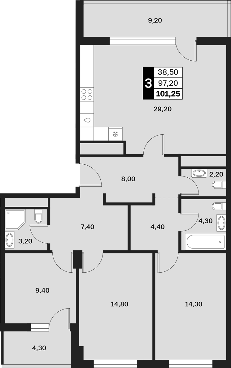 3-комн., 97.2 м², 9/9 этаж, ЖК «Аксис Патриот»
