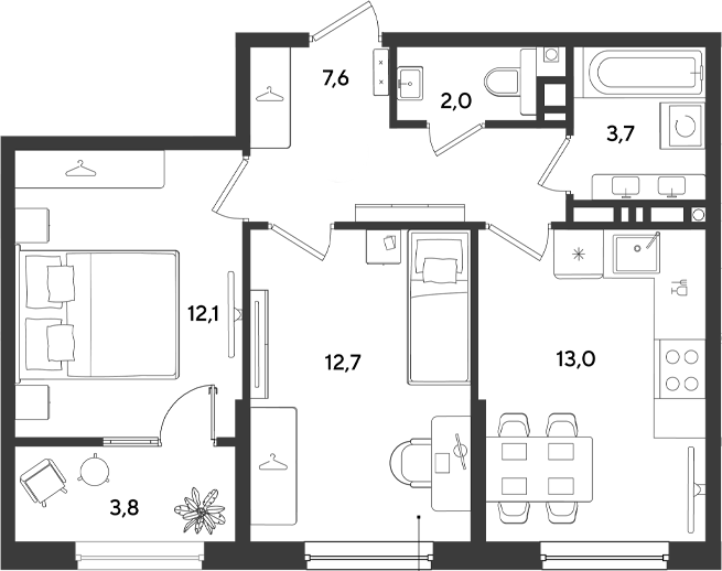 2-комн., 51.1 м², 9/9 этаж, ЖК «Ридз»
