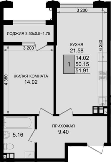 1-комн., 50.16 м², 2/8 этаж, ЖК «Резиденция морей»