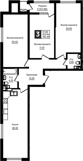 3-комн., 103.54 м², 9/18 этаж, ЖК «Резиденция морей»