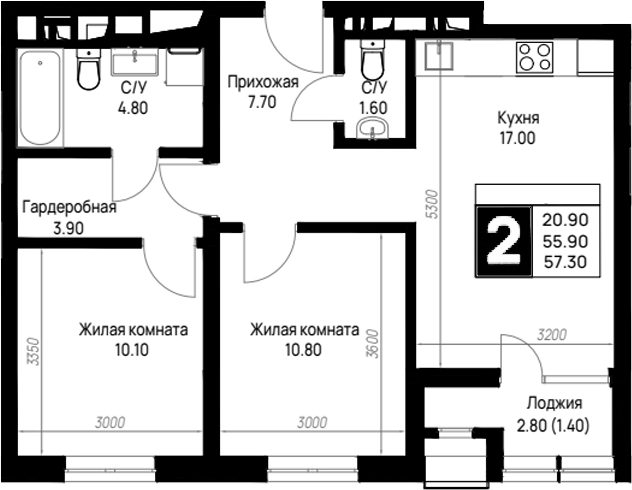 2-комн., 55.9 м², 7/9 этаж, ЖК «На высоком берегу»