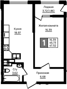 1-комн., 45.66 м², 5/18 этаж, ЖК «Резиденция морей»