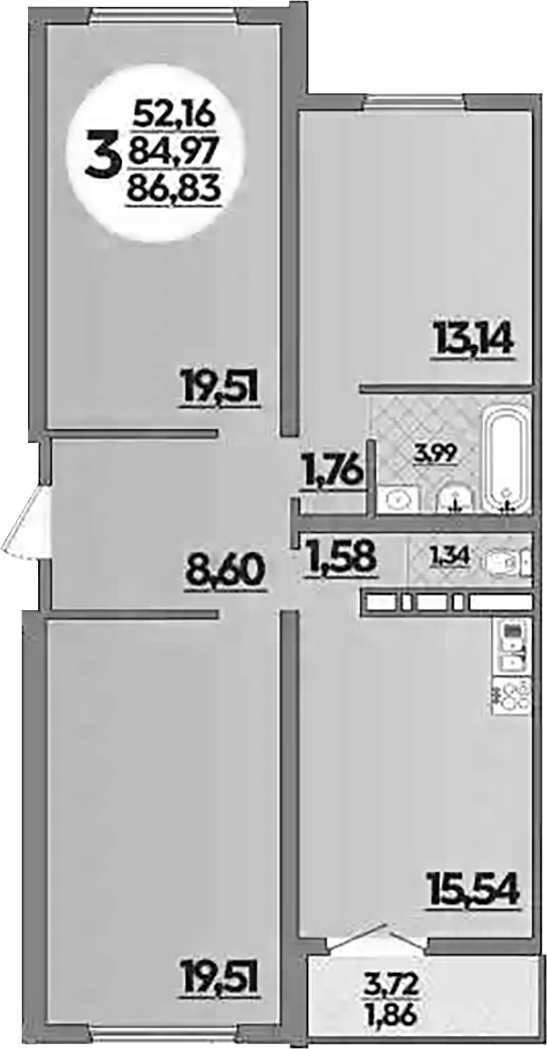 3-комн., 84.97 м², 1/16 этаж, ЖК «Город у моря»