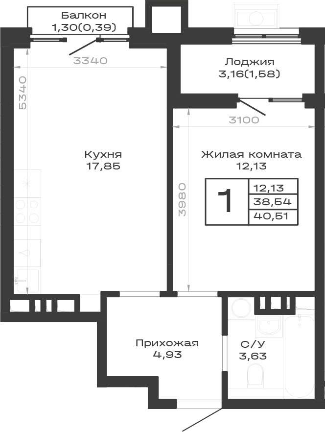 1-комн., 38.54 м², 8/9 этаж, ЖК «Суворов. ГК Во-первых»