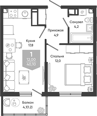 2-комн., 38.9 м², 18/24 этаж, ЖК «Облака»