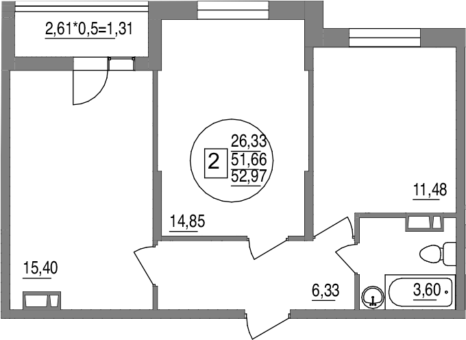 2-комн., 51.66 м², 5/12 этаж, ЖК «Друг»