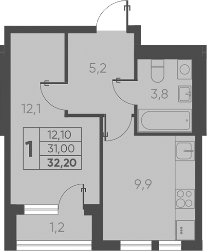 1-комн., 31 м², 9/15 этаж, ЖК «Барса»
