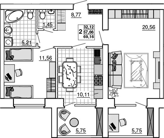 2-комн., 57.66 м², 1/5 этаж, ЖК «Новый Город. СЗ Премьерстрой»