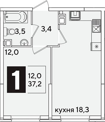 2-комн., 37.2 м², 4/16 этаж, ЖК «Самолет»