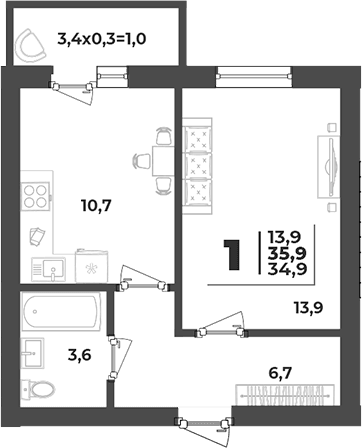 1-комн., 34.9 м², 5/5 этаж, ЖК «Дарград»