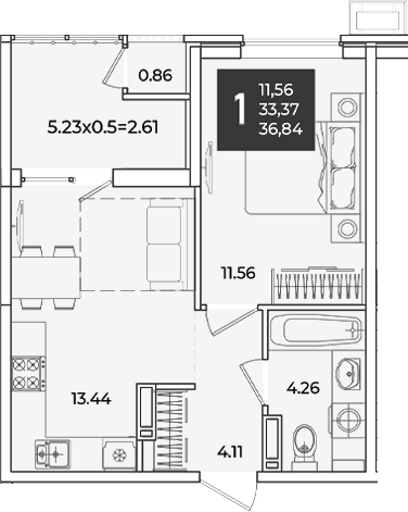 Продается 1-комн. квартира, 33.37 м²