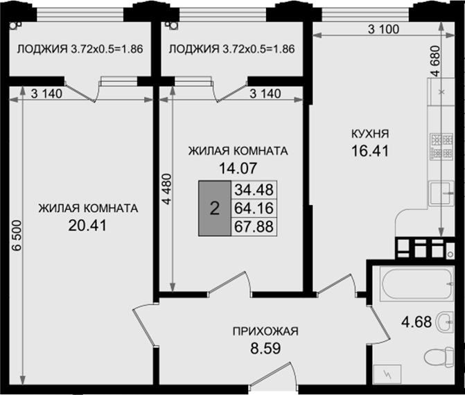 2-комн., 64.16 м², 7/8 этаж, ЖК «Резиденция морей»