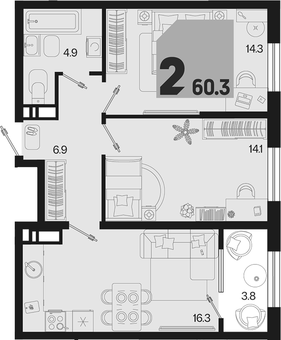 2-комн., 56.5 м², 18/18 этаж, ЖК «Первое место»