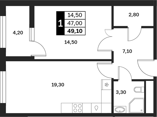 1-комн., 47 м², 2/9 этаж, ЖК «Аксис Патриот»