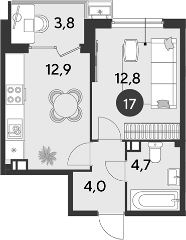 1-комн., 34.4 м², 3/16 этаж, ЖК «Парк Победы»